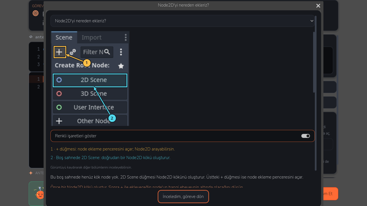 Derleniyo içinde işaretlenmiş Godot editörü rehberi